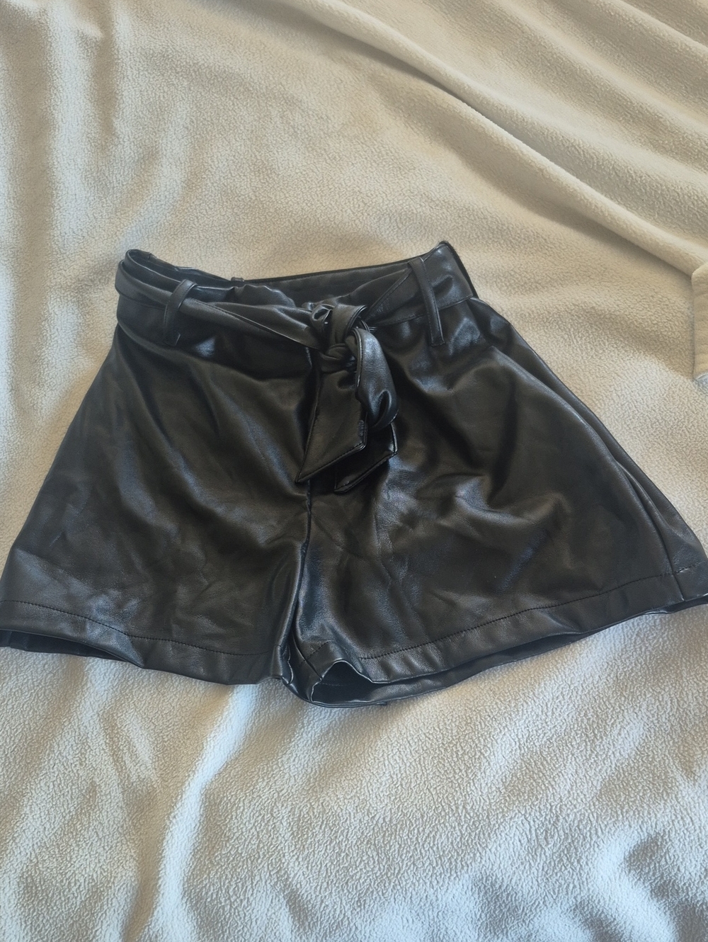High-Waist Black Faux Leather Tie-Belt Shorts